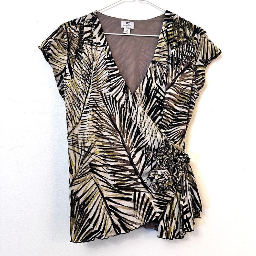 Worthington Leaf Print Cross Front Sleeveless Blouse Multi-Color Petite Medium